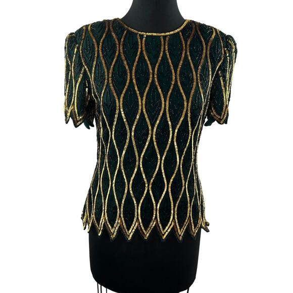 VINTAGE STENAY Green Gold Sequin Short Sleeve Crewneck Scalloped Top Size PS - Picture 1 of 8